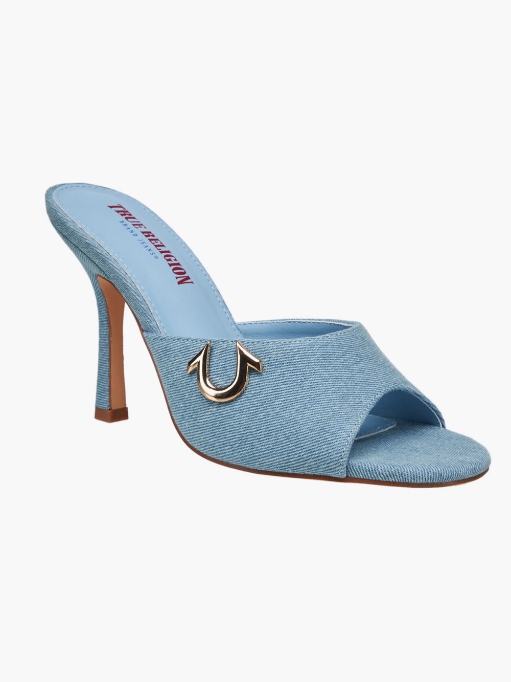Sophia Heel. New True Religion Light Blue Denim Open-Toe Mule with Logo Accent